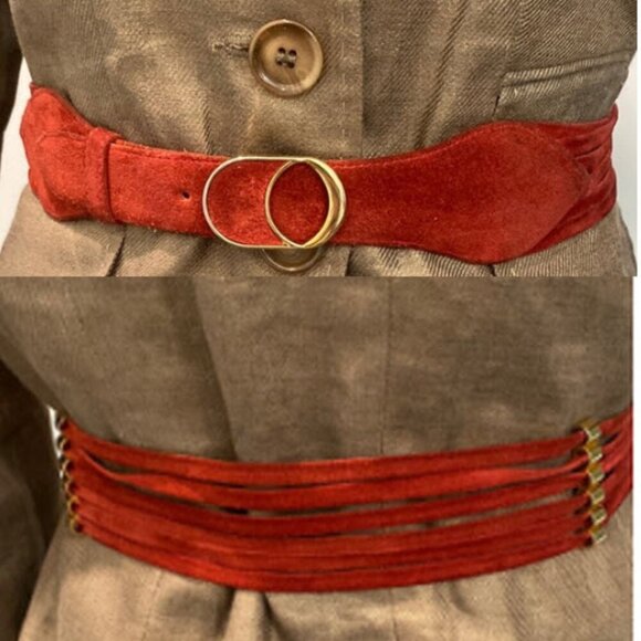 Max Pier Gold and Red Leather Belt with Statement O-Ring Buckle Made in Italy - Picture 1 of 16